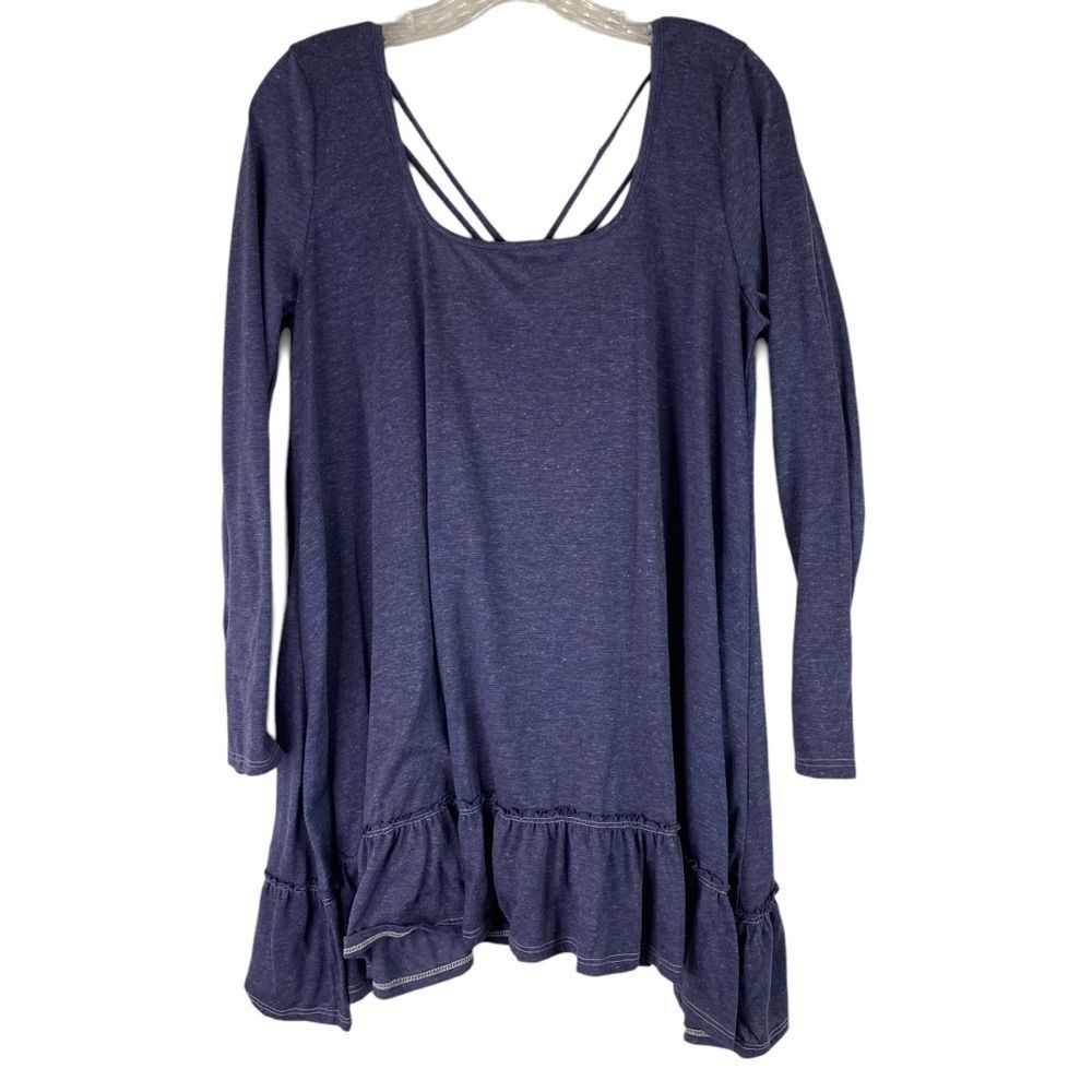 Impressions Blue Tunic Ruffle Hem Strappy Open Back Linen Blend Long Sleeve L